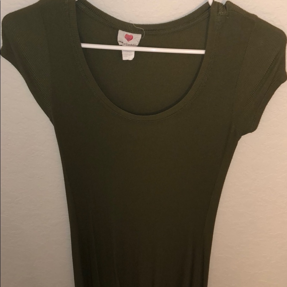Army green maxi dress, open back, short front